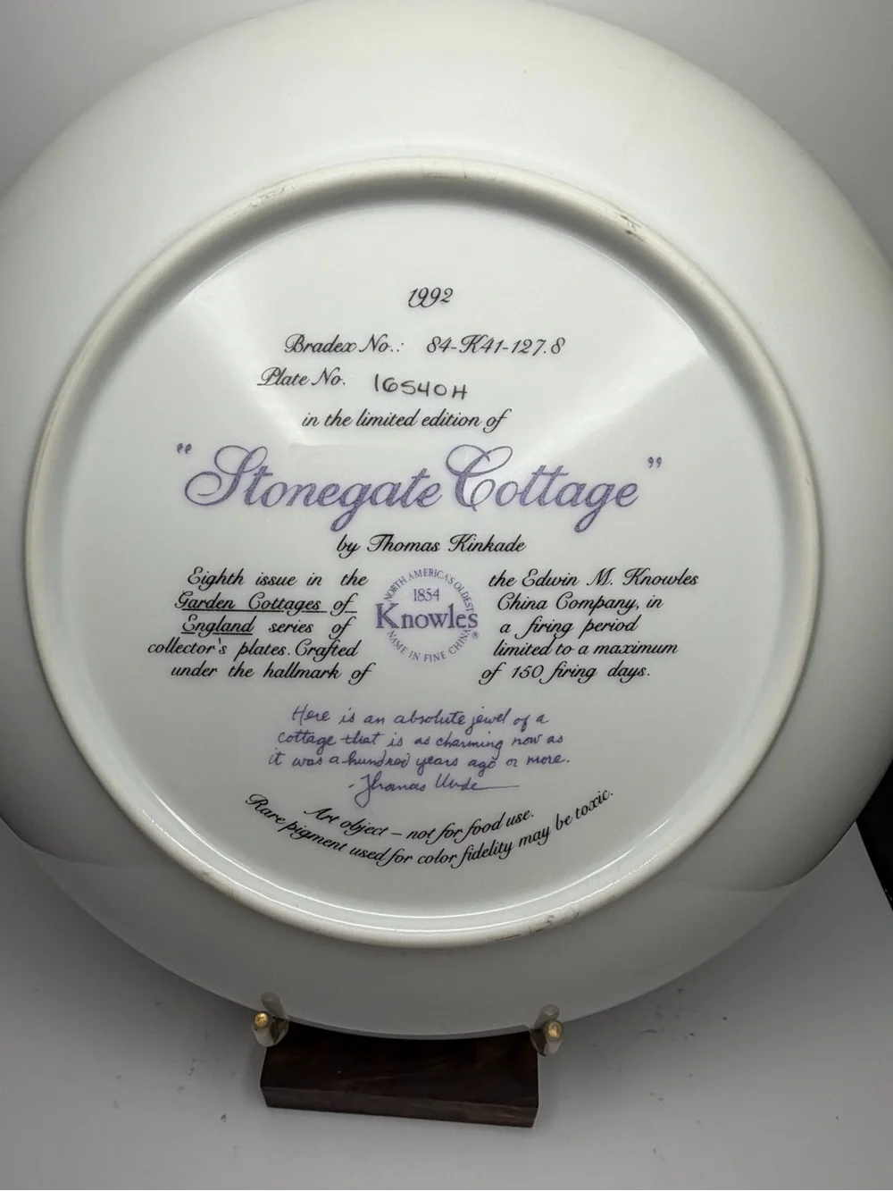 Thomas Kinkade “Stonegate Cottage” Collector Plate 1992